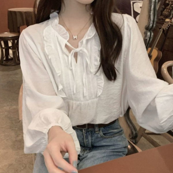여성 출근룩 봄 긴팔 흰색 프릴 블라우스 브라우스
