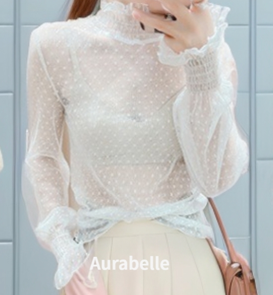 아우라벨르 화이트 러플도트 블라우스이너셔츠 프릴셔츠웨어 휴양지원피스 니트원피스 모노키니