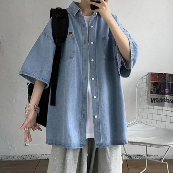 곰돌이 자수 포인트 박스핏 데님셔츠 블랙