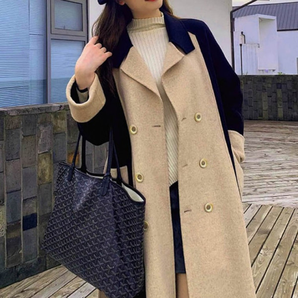 겨울 아우터 트렌치 베이지 블랙 배색 여성 롱롱 코트 넉넉한핏 슬림 날씬 실루엣