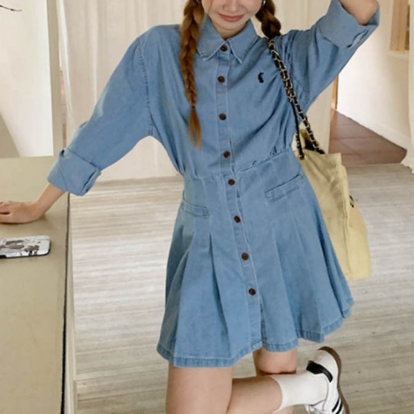 잘록 데님 청 원피스 자연스러운 A라인 스커트 카라 허리밴딩 체형 커버 데일리룩