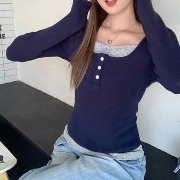트리플 단추 긴팔티 스퀘어넥 티셔츠 LDN-20250132