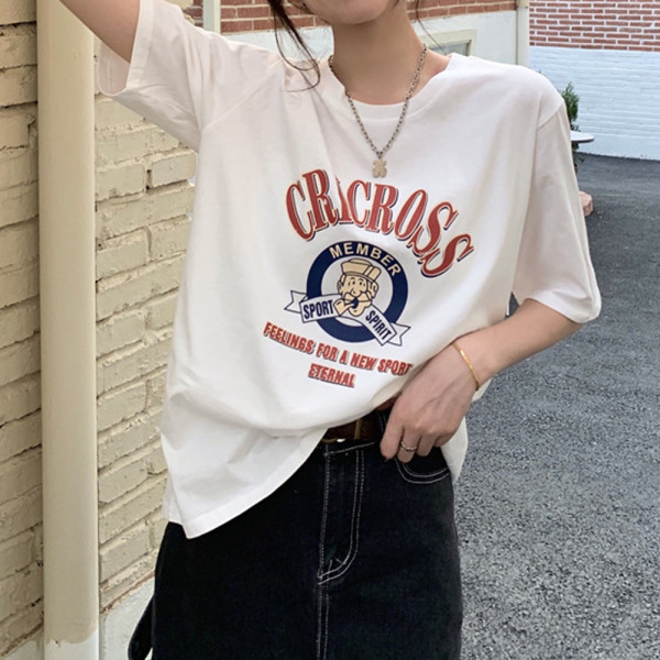 여성 루즈핏 반팔 티셔츠 여름 프린팅 티 화이트