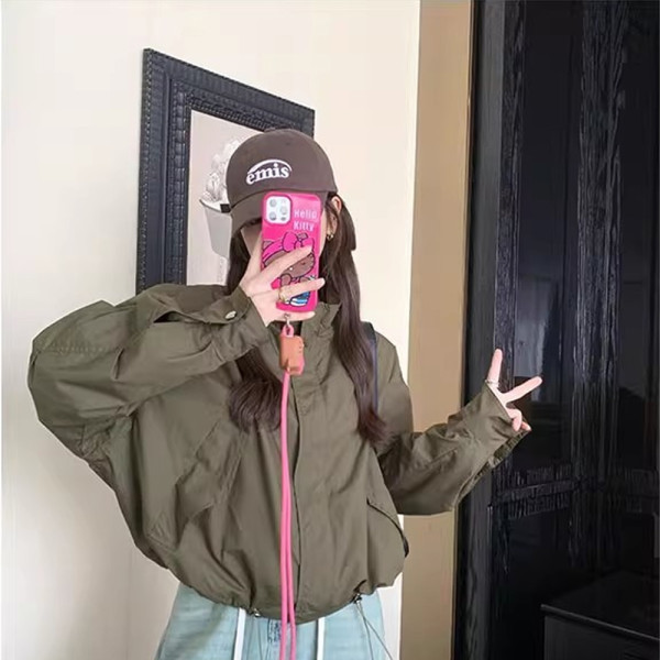 오버핏 카라 카키색 숏 야상 집업