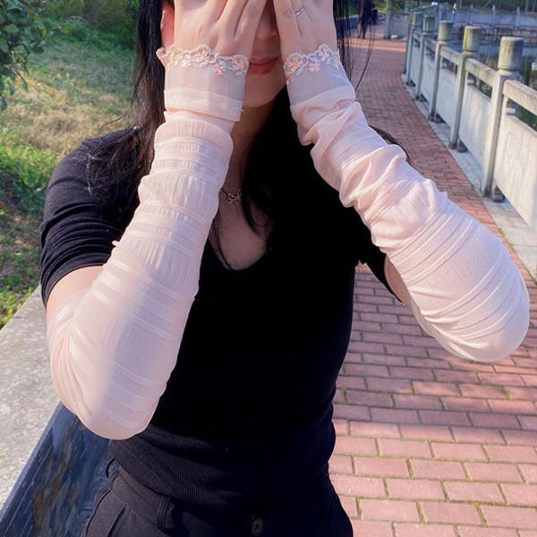여성 손등 팔 여름 운전 레이스 꽃무늬 쿨 토시 핑크