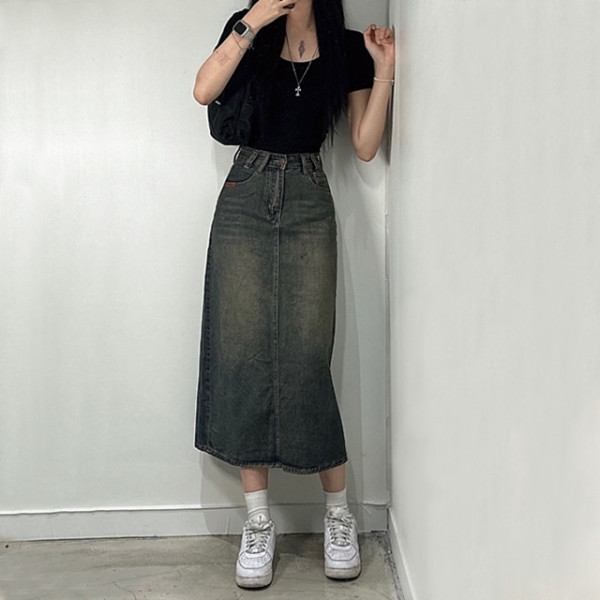 여성 데님 워싱 롱 청 스커트 뒷트임 청치마 Y2K A라인 긴 치마 하이웨스트 와이드