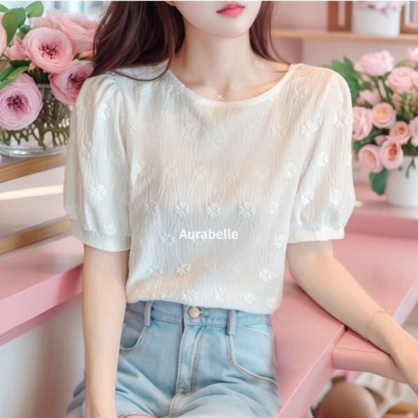 아우라벨르 퍼프셔링반팔 플라워꽃 레이스블라우스 시스루프릴 시폰리본 하객룩티셔츠