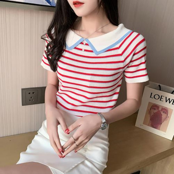S25855 카라 배색 스트라이프 니트반팔티 여름니트티