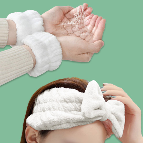 세수 세안 리본 헤어 머리띠 손목 밴드 세트 화이트