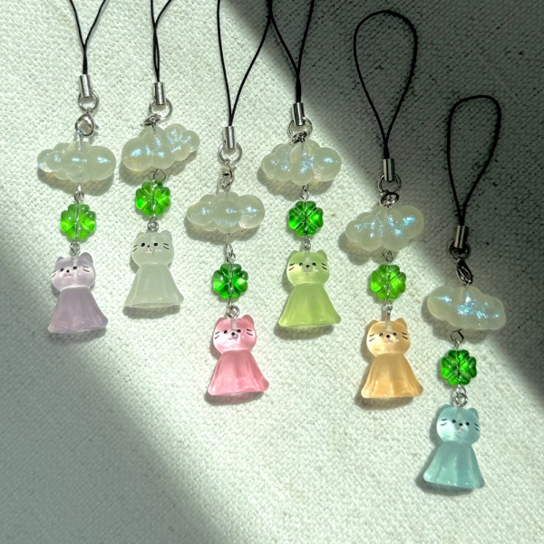 고양이 캣 테루테루보즈 네잎클로버 구름 날씨 요정 키링 6종 행운 부적 햇빛
