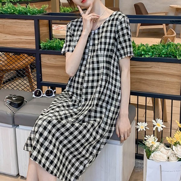 체크 패턴 단추 브이넥 원피스 캐주얼 썸머 패션