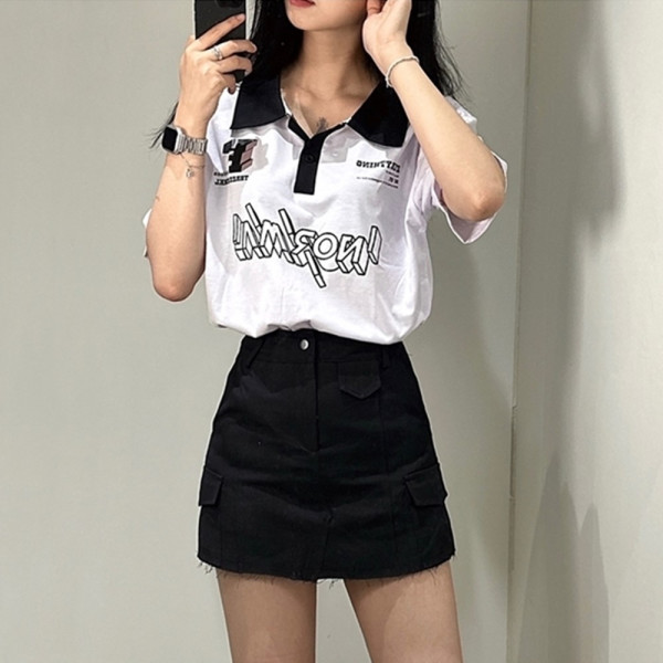 스포티 카라 단추 티 반팔 티셔츠 T49 Y2K 블록코어 여성 오버핏 여름 레터링 로고