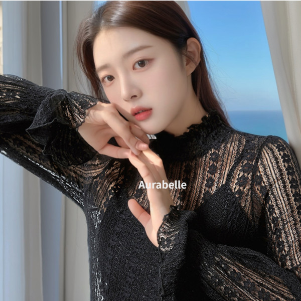 아우라벨르 블랙색상 꽃비 이너시스루 레이스블라우스 레이어드 정장티셔츠 뷔스티에 해변룩