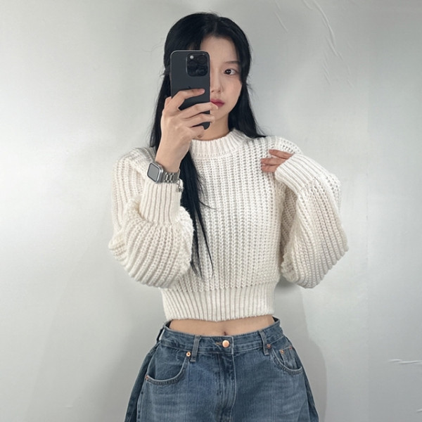 세미 크롭 여성 여자 하찌 니트 티 4color 벌룬 소매 겨울 긴팔 라운드넥 가을 옷