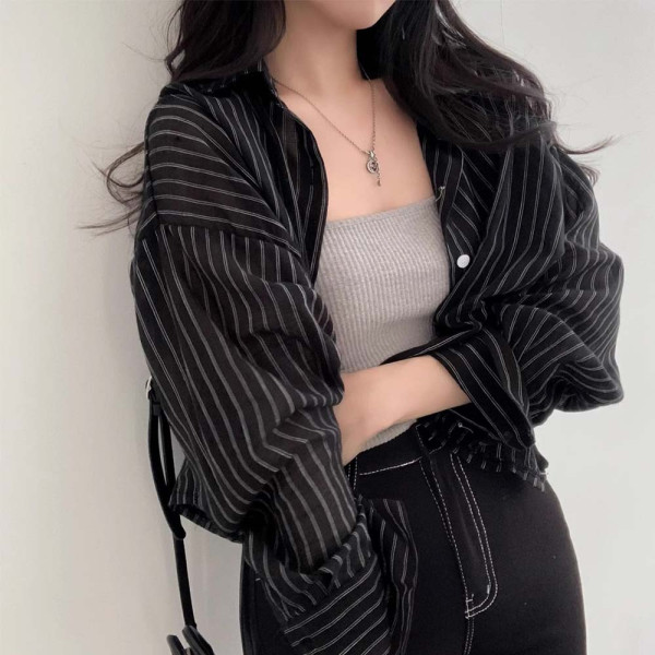 더헤이만 여성블라우스 오버핏셔츠 린넨남방 크롭 여름남방 스트라이프 휴양지룩 비치웨어
