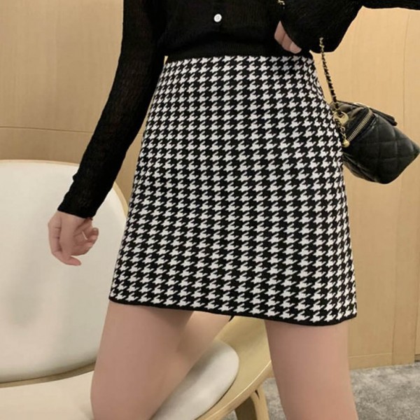 허리 밴딩 하운드 체크 패턴 블랙 스커트 미니 A라인 허벅지 군살 커버 러블리 캐주얼