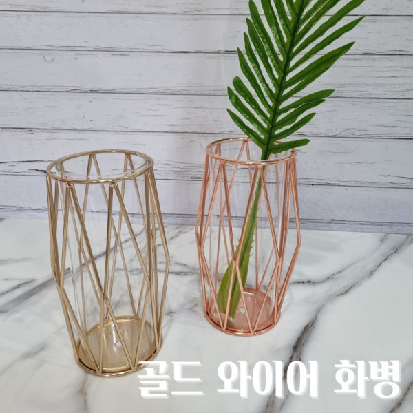 골드 와이어 화병 인테리어 유리 꽃병 철재프레임