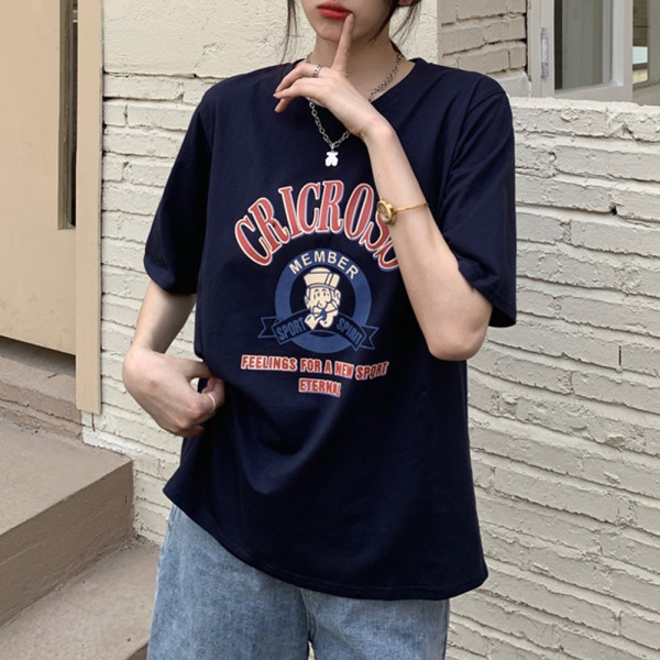 여성 루즈핏 반팔 티셔츠 여름 프린팅 티 네이비