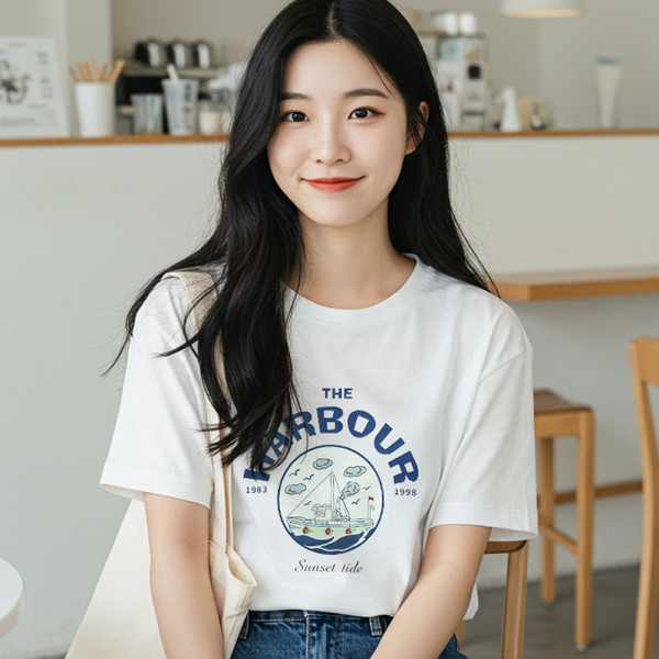 여름 면 반팔 티셔츠 여성 루즈핏 프린팅 여자 흰 티