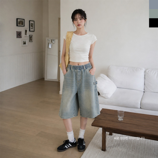 AGG 1020W 여자 오버핏 워싱 스냅 데님 버뮤다 밴딩 팬츠