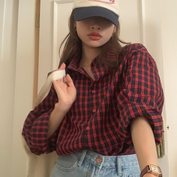 데일리 체크 패턴 캐주얼 레드 네이비 남방 베이직 셔츠