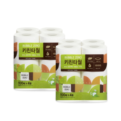 버블제로 키친타월100매x4롤 2개 키친타올 기름흡수 핸드타올 주방타올 주방행주