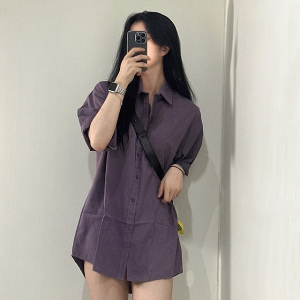 오버핏 카라 반팔 무지 남방 셔츠 [2color 남녀공용 와이셔츠 원피스 여성 루즈핏