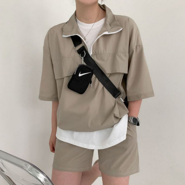 반지퍼 데일리 바스락 반팔 반바지 세트 베이지