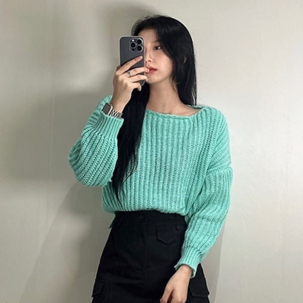 여성 알파카 입술넥 니트 티 MINT 민트 색 여리핏 울 보트넥 나그랑 여자 티셔츠