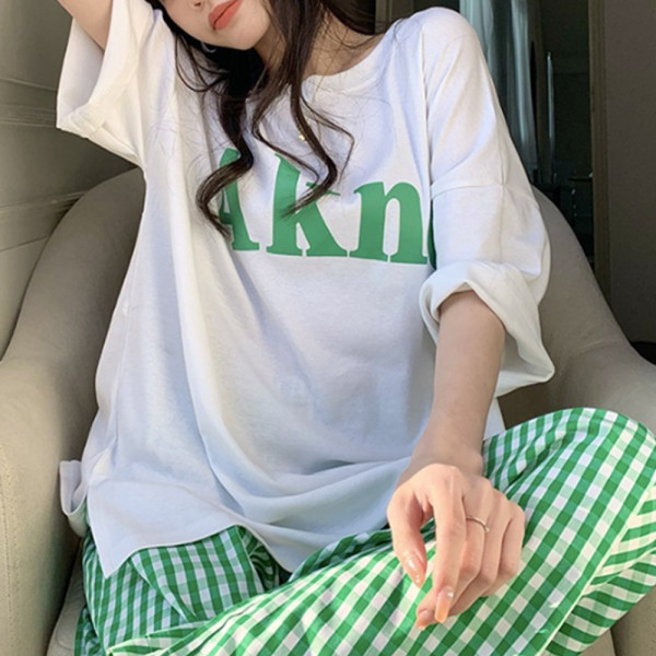여성 반팔 티 체크 긴 바지 잠옷 세트 홈웨어 실내복