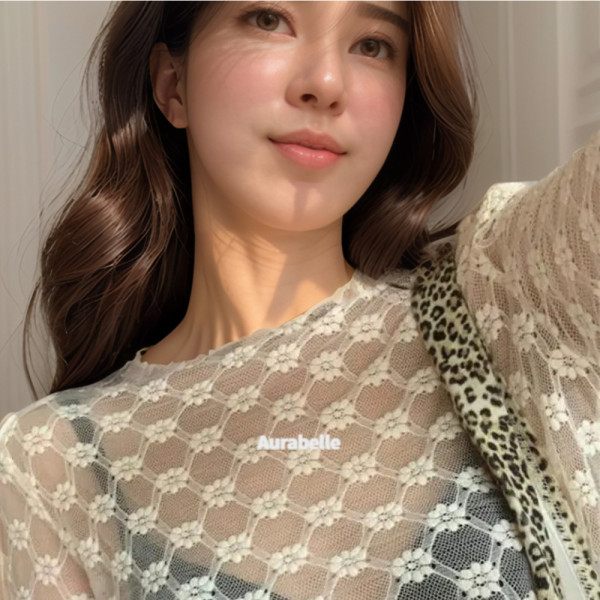 아우라벨르 아이보리 꽃자수 레이스 레이어드 탑티셔츠 슬림핏 메쉬체크무늬 원피스