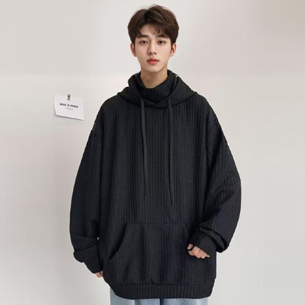 굵은줄 포인트 후드티 목을 감싸주는 하이넥 넓은 후드 딱 붙지 않는 기본핏 편안한 착용감