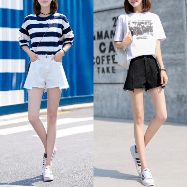 언발 컷팅 데미지 핫팬츠 블랙 화이트 여자 짧은 팬츠