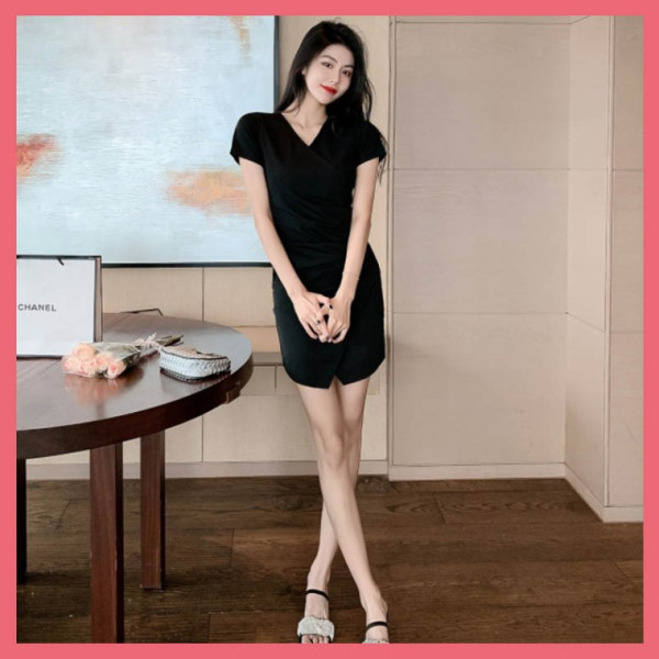 시크 원피스 여자 올블랙 브이넥 여성 짧은 미니원피스 파티룩 데이트룩