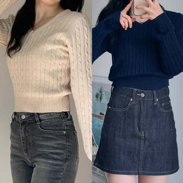온모어 브이넥니트 봄니트 KNIT 크롭니트 여성니트