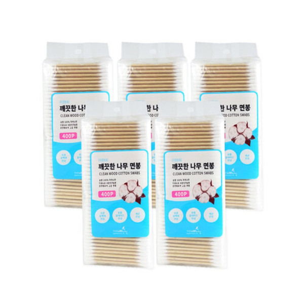 더웰 깨끗한나무면봉 400P포리백 5개 나무면봉 유아 고급면봉