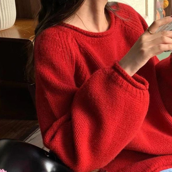 여성 라운드 봄 니트 루즈핏 간절기 스웨터 레드