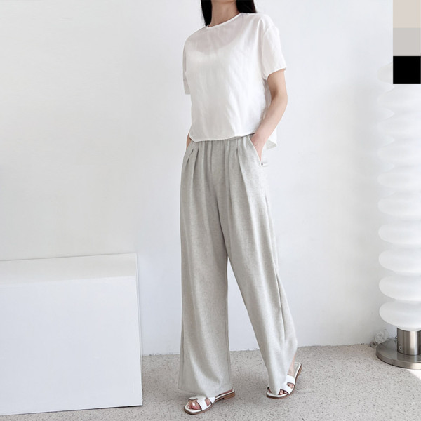 KYI 80173 여자린넨 핀턱와이드 밴딩팬츠