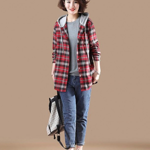 F788520 레드 체크 얇은 모직 후드 셔츠 남방 아우터
