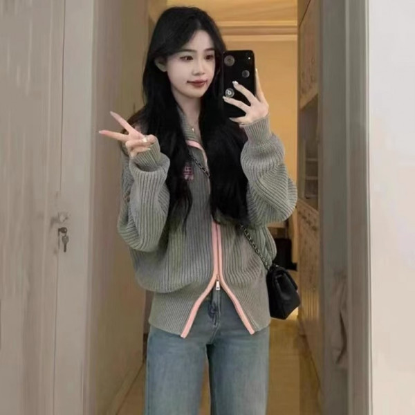 F054731 간절기 초봄 배색 니트 집업 아우터 카디건