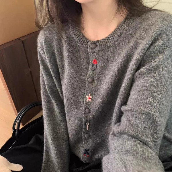 여성 라운드 넥 봄 가을 꽃 자수 니트 가디건 그레이