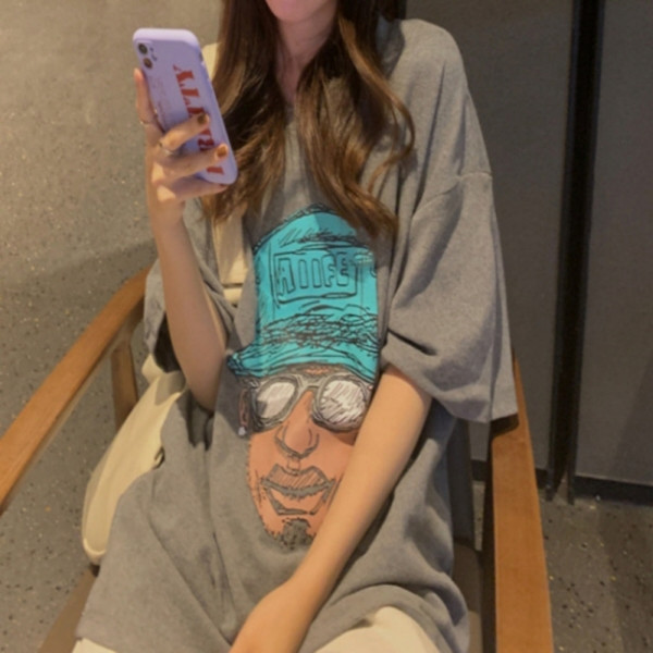 안경아저씨 프린팅 오버핏 반팔 그레이
