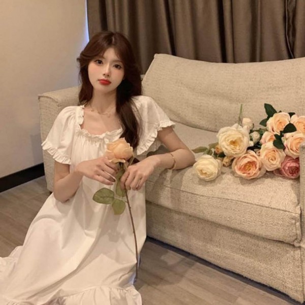 프릴 실크 이지웨어 반팔 원피스 잠옷 촉감 좋은 사계절 넥 셔링 여리여리 리본 디테일
