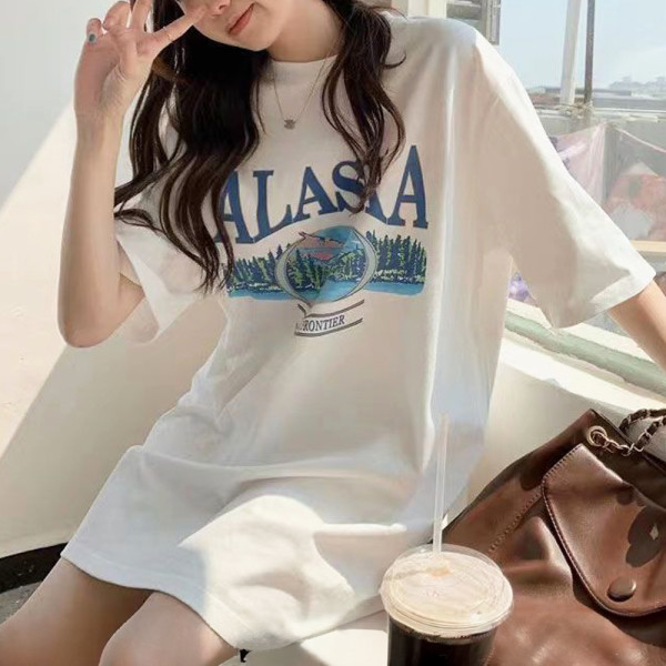 여성 프린트 프린팅 반팔 티 오버핏 박스 티셔츠 흰색
