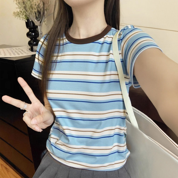 여성 옆 셔링 스트라이프 반팔 티 여름 줄무늬 티셔츠