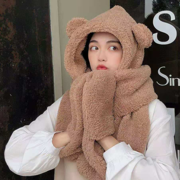 양털 뽀글이 곰돌이 방한 모자 귀여운 목도리 목돌이 손넣는 후드 머플러