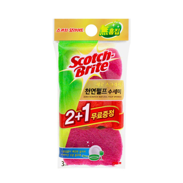 3M 제로스크래치 천연펄프 수세미 2+1 3개입