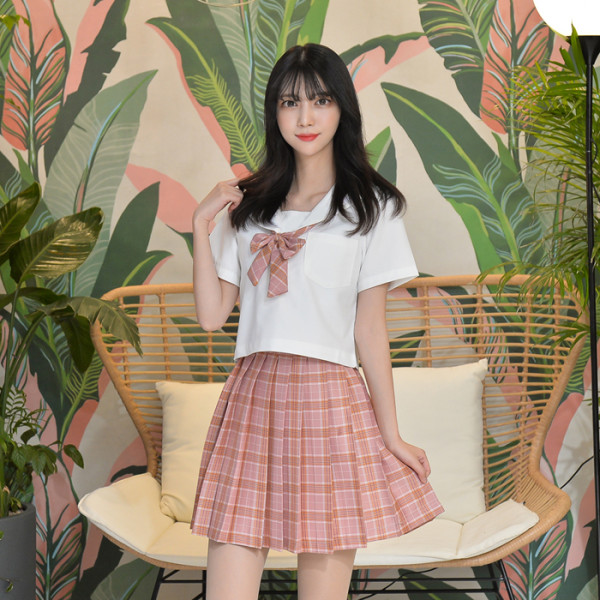 교복몰 오렌지핑크 체크 세라복 세트 (반팔)