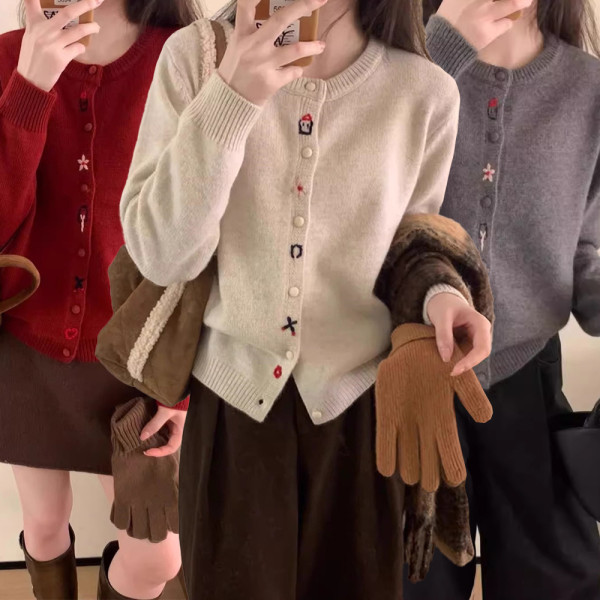 여성 라운드 넥 봄 가을 꽃 자수 니트 가디건