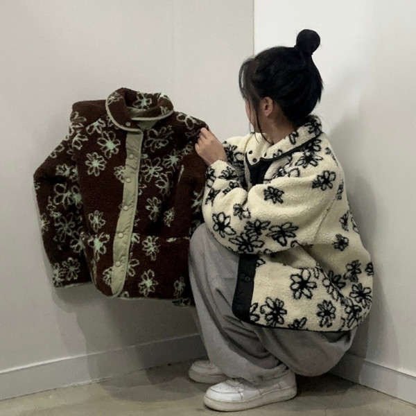 리버시블 플라워 양털 뽀글이 덤블 점퍼 자켓 후리스 하이퀄리티 양면 착용 T136